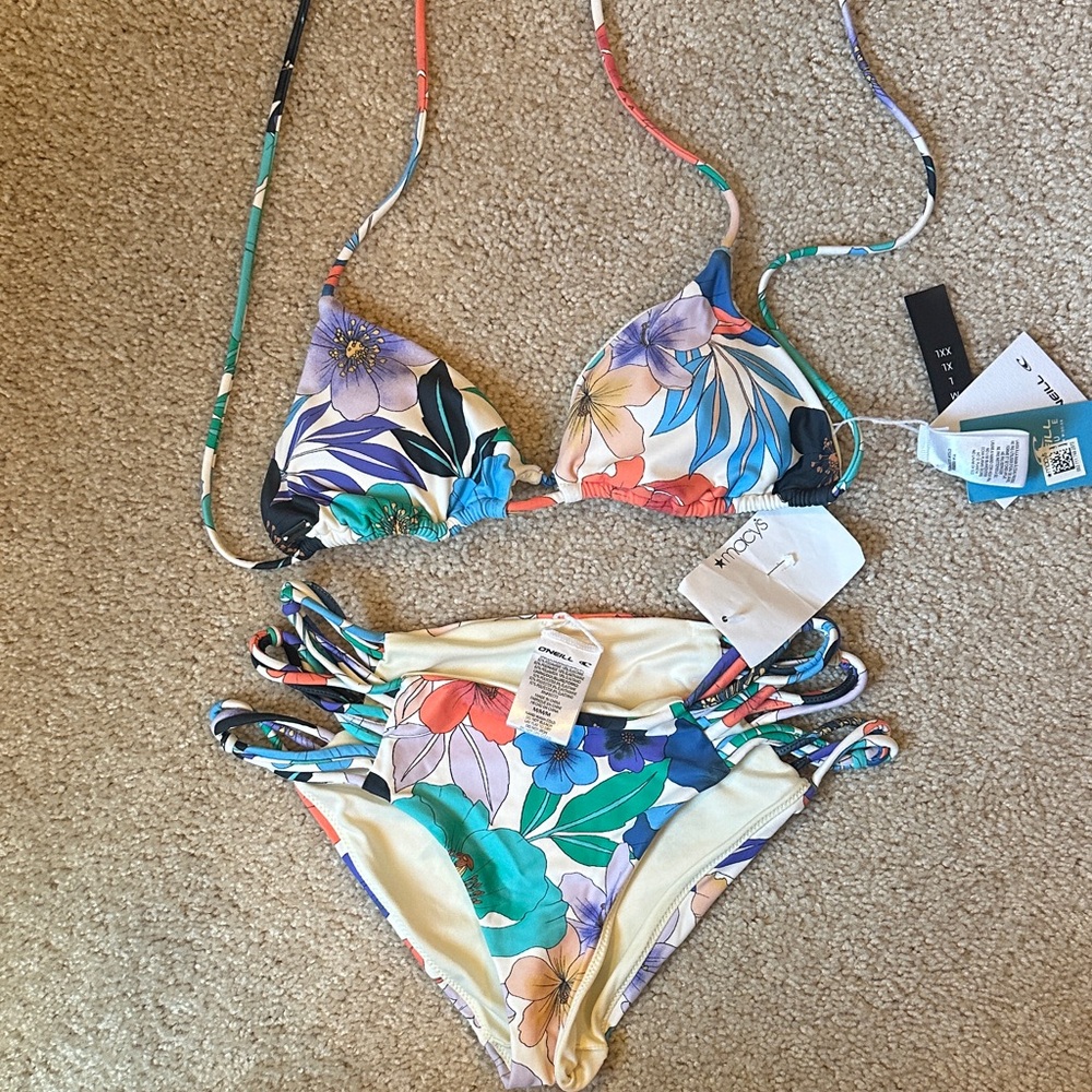 O'Neill Floral Triangle Bikini Set in Cream, Green, Blue, Purple, Red